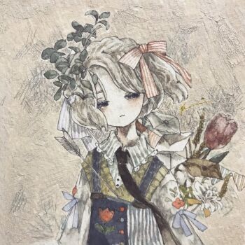 Rule 34 | 1girl, acrylic paint (medium), apron, arrow (projectile), blue eyes, bouquet, bow, bowtie, brown hair, closed mouth, collared shirt, commentary request, expressionless, floral print, flower, grey hair, hair ornament, hair ribbon, highres, jewelry, karintoun, leaf hair ornament, long sleeves, medium hair, messy hair, necklace, necktie, original, painting (medium), plant, portrait, ribbon, shirt, short hair, sidelocks, signature, straight-on, traditional media, watercolor (medium), wavy hair, white hair