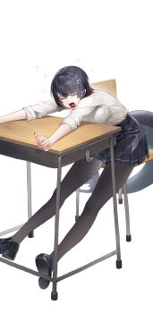 1girl absurdres black_hair black_pantyhose black_shoes black_skirt chair closed_eyes cotta_(heleif) desk ellen_joe ellen_joe_(on_campus) fins fish_tail full_body highres official_alternate_costume open_mouth pantyhose red_hair school_chair school_desk school_uniform shark_girl shark_tail sharp_teeth shirt shoes short_hair simple_background sitting skirt sleeves_rolled_up solo tail tearing_up teeth white_background white_shirt yawning zenless_zone_zero