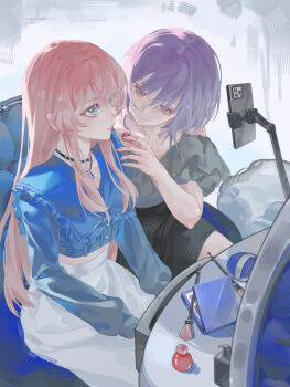 2girls absurdres applying_another's_makeup applying_lipstick applying_makeup artist_request bang_dream! bang_dream!_it's_mygo!!!!! black_choker black_skirt blue_eyes blue_shirt cellphone chihaya_anon chinese_commentary choker closed_mouth commentary_request commission compact_(cosmetics) cosmetics cowboy_shot grey_background grey_shirt head_tilt highres holding holding_lipstick_tube indoors jewelry lipstick_tube long_hair long_sleeves looking_at_another midriff multiple_girls nail_polish_bottle necklace parted_lips phone pink_eyes pink_hair purple_hair second-party_source shirt short_hair sitting skirt smartphone white_skirt yuutenji_nyamu