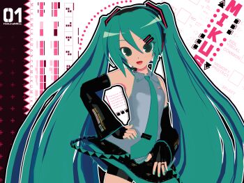 1girl 3d :d abstract_background absurdres animasa_model_(mikumikudance) aqua_eyes aqua_hair aqua_nails aqua_necktie bare_shoulders bike_shorts bike_shorts_under_skirt black_sleeves blush detached_sleeves english_text grey_shirt hair_between_eyes hair_ornament hand_on_own_hip hatsune_miku headphones headset highres kio_(majin_kz) long_hair looking_at_viewer mikumikudance_(medium) necktie open_mouth shirt skirt sleeveless sleeveless_shirt smile solo twintails variant_set very_long_hair vocaloid