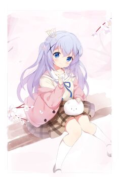 1girl absurdres black_shoes blue_eyes blue_hair blush border brown_skirt cardigan cherry_blossoms closed_mouth commentary crotch_plate_removed crown day floating_hair flower full_body gochuumon_wa_usagi_desu_ka? hair_between_eyes hair_flower hair_ornament hand_up highres holding holding_flower humooooo kafuu_chino kneehighs knees_together_feet_apart long_hair looking_at_viewer mary_janes mini_crown miniskirt open_cardigan open_clothes outdoors pink_cardigan plaid_clothes plaid_skirt pleated_skirt sailor_collar school_uniform serafuku shirt shoes sidelocks simple_background sitting skirt sleeves_past_wrists smile socks solo split_mouth tareme tippy_(gochiusa) two_side_up very_long_hair white_background white_border white_sailor_collar white_socks x_hair_ornament yellow_shirt