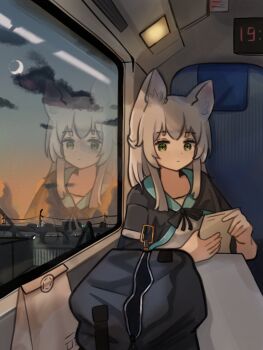 1girl animal_ears arknights bag cai_ling cloud crescent_moon evening expressionless green_eyes highres holding holding_paper long_hair moon paper paper_bag reading reflection reflective_wall rosmontis_(arknights) scenery sitting solo train train_interior white_hair wolf_ears