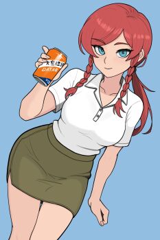 1girl alternate_costume bare_shoulders blue_background blue_eyes braid breasts buttons can collarbone contemporary drink_can fingernails green_skirt highres hong_meiling light_smile long_hair low_ponytail neck nose pencil_skirt ponytail redguard skirt smile soda soda_can solo thighs touhou