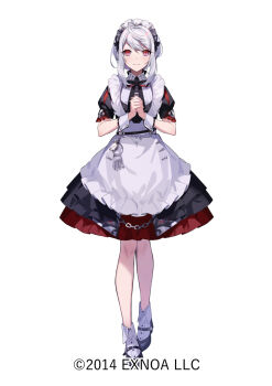 1girl ahoge apron black_dress black_necktie black_shoes character_request closed_mouth commentary_request copyright_notice dress full_body keyring maid_headdress necktie oshiro_project:re own_hands_together pekoo_(pekota) pink_eyes shoes solo white_apron white_background white_hair white_wrist_cuffs wrist_cuffs