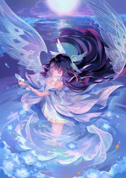 1girl bare_shoulders black_hair blue_flower bow closed_eyes columbina_(genshin_impact) commentary dress english_commentary eye_mask feathered_wings feathers flower genshin_impact hair_ornament hair_ribbon head_wings highres koichame long_hair mask moon multicolored_hair partially_submerged pink_hair ribbon see-through_clothes see-through_mask solo transparent_wings two-tone_hair water white_bow white_dress white_ribbon wing_hair_ornament wings