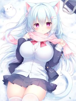 Rule 34 | 1girl, :o, animal ear fluff, animal ears, blazer, blush, bow, bowtie, breasts, cardigan, cat ears, cat girl, cat tail, commentary request, cowboy shot, grey jacket, grey skirt, hair between eyes, hair spread out, hands up, highres, jacket, large breasts, long bangs, long hair, lying, miniskirt, nekoboshi yuki, on ground, open clothes, open jacket, original, parted lips, pink hair, pink scarf, pleated skirt, red bow, red bowtie, scarf, school uniform, skirt, snow, solo, tail, white cardigan, white hair