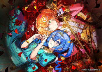 2girls ahoge amiami_(company) amico aqua_dress blue_eyes blue_hair blush breasts colored_eyelashes dress flower green_eyes hair_ornament holding holding_sword holding_weapon lilco long_hair long_sleeves medium_breasts medium_hair multiple_girls orange_hair parted_lips petals ponytail red_flower red_rose rose short_sleeves smile swept_bangs sword wata_(attaka_towel) weapon