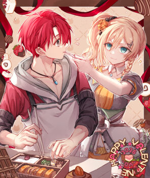Rule 34 | 1boy, 1girl, adol christin, alternate costume, bento, blonde hair, bob cut, braid, breasts, brown eyes, chopsticks, closed mouth, dated, double-parted bangs, english text, feeding, green eyes, hair between eyes, hair ornament, hairclip, happy valentine, highres, holding, holding chopsticks, holding plate, holding spoon, jewelry, karja balta, long sleeves, looking at another, medium breasts, mixed-language commentary, necklace, official alternate costume, pendant, plate, red hair, short sleeves, side braid, side ponytail, sidelocks, smile, spoon, standing, upper body, valentine, willfin, ys, ys x: nordics