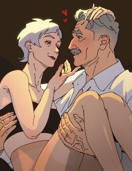 1boy 1girl black_bra bra brown_background brown_eyes brown_pantyhose carrying collared_shirt couple eyeshadow facial_hair grey_eyes grey_hair hand_on_another's_chin hand_on_another's_head heart highres jewelry looking_at_another makeup mustache old old_man old_woman orange_eyeshadow original pantyhose partially_unbuttoned princess_carry red_lips ring sa1k0p shirt short_hair simple_background smile unbuttoned unbuttoned_shirt underwear veins veiny_hands wedding_ring white_hair white_shirt