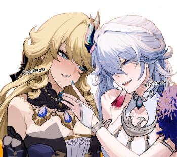 2girls :d bare_shoulders blonde_hair blue_eyes blue_nails breasts bunnyoki cleavage commentary company_connection drill_hair drill_sidelocks genshin_impact grey_hair highres honkai:_star_rail honkai_(series) long_hair looking_at_another mihoyo multiple_girls nail_polish navia_(genshin_impact) open_mouth parted_lips revision sidelocks smile very_long_hair yao_guang_(honkai:_star_rail) yuri