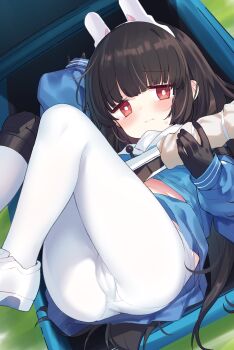1girl absurdres animal_ears black_gloves black_hair blue_archive blue_serafuku blue_shirt blue_skirt blush cameltoe closed_mouth fake_animal_ears female_focus gloves headgear highres hiraga_matsuri in_container in_trash_can knee_pads loli long_hair long_sleeves looking_at_viewer miniskirt miyu_(blue_archive) pantyhose puffy_long_sleeves puffy_sleeves rabbit_ears red_eyes school_uniform serafuku shirt skirt sleeves_past_wrists solo tears trash_can white_footwear white_pantyhose