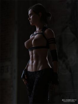 1girl 3d abs alternate_breast_size_(larger) arm_tattoo breasts brown_hair ellie_(the_last_of_us) female_focus fingerless_gloves gloves green_eyes gun hand_on_own_hip handgun harness highres medium_breasts muscular muscular_female navel nipples nude relishbeauty revolver shiny_skin solo standing tattoo the_last_of_us the_last_of_us_(series) the_last_of_us_part_ii topless_female weapon wide_hips