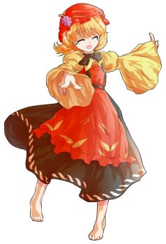 Rule 34 | 1girl, aki minoriko, apron, barefoot, black skirt, blonde hair, dairi, full body, hat, large variant set, pointing, print apron, red apron, red hat, shirt, short hair, skirt, solo, tachi-e, touhou, variant set, wheat print, wide sleeves, yellow shirt