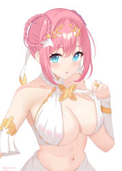 Rule 34 | 1girl, absurdres, artist name, blue eyes, blue komett, braided hair rings, breasts, collarbone, dated, highres, large breasts, looking at viewer, navel, pink hair, princess connect!, revealing clothes, short hair, simple background, yui (ceremonial) (princess connect!), yui (princess connect!)