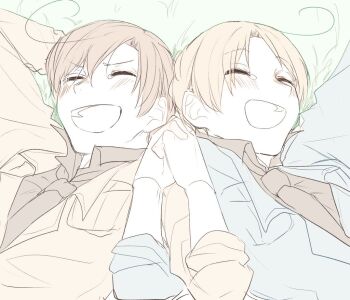 2boys ahoge arm_behind_head arm_up axis_powers_hetalia black_necktie black_shirt blue_jacket blush breast_pocket brothers brown_hair closed_eyes collared_shirt grass hair_between_eyes hand_up happy holding_hands jacket lapels long_sleeves lying male_focus military military_jacket military_uniform multiple_boys necktie northern_italy_(hetalia) on_back open_mouth orange_hair outdoors pocket shirt short_hair siblings smile southern_italy_(hetalia) tearing_up teeth twins v-shaped_eyebrows yellow_jacket