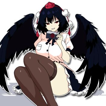 Rule 34 | 1girl, bird girl, bird wings, black hair, black skirt, black thighhighs, black wings, breasts, camera, commentary, frilled skirt, frills, hakurei alif, hat, holding, holding camera, looking at viewer, outline, pom pom (clothes), red eyes, red hat, shameimaru aya, shirt, short hair, short sleeves, simple background, sitting, skirt, solo, thighhighs, tokin hat, touhou, white background, white outline, white shirt, wings