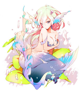 1girl blonde_hair breasts bubble cleavage commentary_request covering_breasts covering_privates fins hair_ornament head_fins ichizen_(o_tori) long_hair medium_breasts mermaid monster_girl original shell shell_hair_ornament simple_background solo two-tone_background