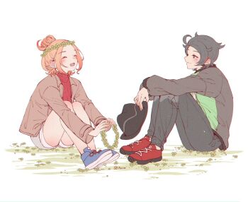 1boy 1girl black_eyes black_hair black_hat black_pants blue_shoes brown_jacket closed_eyes commentary_request flower hair_bun hat head_wreath holding holding_head_wreath holding_unworn_clothes holding_unworn_hat illycia jacket long_sleeves looking_at_another nintendo pants paxton_(pokemon) pink_hair pokemon pokemon_legends:_z-a red_shoes red_sweater ribbed_sweater shoes shorts single_hair_bun sitting smile sweater taunie_(pokemon) turtleneck turtleneck_sweater twitter_username unworn_hat unworn_headwear white_background white_shorts yellow_flower