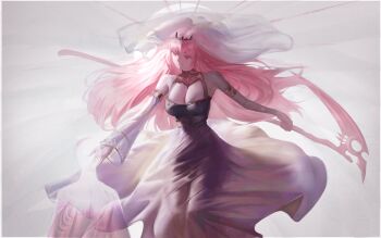 1girl absurdres breasts cleavage highres hololive hololive_english large_breasts long_hair mori_calliope pink_eyes pink_hair red_eyes scythe solo the_antin virtual_youtuber