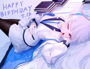 1girl ;) \||/ absurdres black_pantyhose blue_archive blunt_bangs book book_stack closed_mouth commentary cowboy_shot english_commentary eyelashes food formal_clothes from_side fruit hair_spread_out halo hand_on_own_stomach hand_up happy_birthday headgear highres indoors jacket light_blush long_hair long_sleeves looking_at_viewer lying mechanical_halo miniskirt noa_(blue_archive) on_back on_bed one_eye_closed open_clothes open_jacket pantyhose pleated_skirt purple_eyes school_uniform skirt smile solo strawberry suit v very_long_hair white_hair white_halo white_jacket white_skirt white_suit window_shadow yuxue_(snoain_yyk)