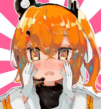 1girl @_@ a.i._voice adachi_rei blush commentary_request gloves hands_on_own_cheeks hands_on_own_face looking_at_viewer nekotani_nekoko open_mouth orange_eyes orange_hair portrait solo straight-on utau white_gloves