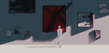 Rule 34 | 1boy, absurdres, against wall, art gallery, baggy clothes, barefoot, brown eyes, commentary, dappled sunlight, drop shadow, empty eyes, expressionless, facing viewer, foot against wall, hand on own arm, highres, holding, holding knife, indoors, knife, leaning back, looking down, looking to the side, male focus, original, paint, paint splatter, paint stains, painting (object), pants, picture frame, shade, standing, standing on one leg, sunlight, sweater, white hair, white pants, white sweater, yuhan (hyh6217)