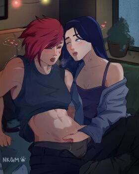 2girls abs arcane:_league_of_legends arcane_caitlyn arcane_vi black_eyeshadow black_pants black_tank_top blue_eyes blue_hair blush caitlyn_(league_of_legends) closed_eyes commentary english_commentary eyeshadow facial_tattoo female_pubic_hair fingering heart hickey highres indoors league_of_legends long_hair looking_at_another makeup multiple_girls nekogranma off_shoulder open_mouth pants plant potted_plant pubic_hair red_hair red_pubic_hair saliva short_hair spoken_heart sweat tank_top tattoo toned toned_female trembling vi_(league_of_legends) yuri