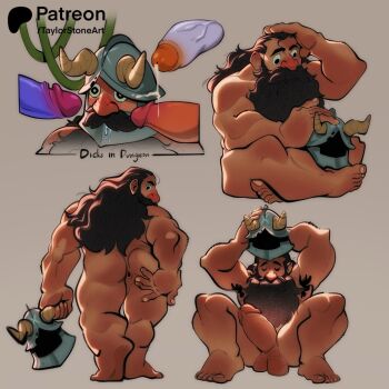 4boys absurdres ass bara beard collage completely_nude drooling dungeon_meshi dwarf erection facial_hair fake_horns full_beard full_body girthy_penis helmet highres horned_helmet horns large_penis long_beard looking_back male_focus multiple_boys muscular muscular_male mustache nude orc penis profile senshi_(dungeon_meshi) sitting standing surrounded_by_penises taylorstone_art thick_beard thick_eyebrows thick_mustache thick_thighs thighs uncensored undressing very_long_beard yaoi