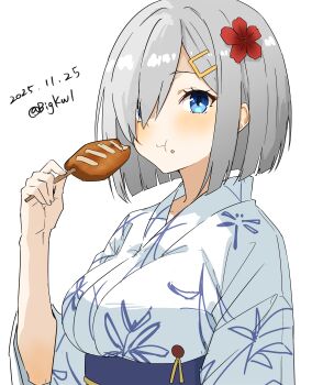 1girl :t absurdres bigkwl blue_eyes blush breasts commentary dated dated_commentary eating flower grey_hair hair_flower hair_ornament hair_over_one_eye hairclip hamakaze_(kancolle) hamakaze_(yukata)_(kancolle) highres ikayaki japanese_clothes kantai_collection kimono large_breasts looking_at_viewer one-hour_drawing_challenge open_mouth sash short_hair solo upper_body white_background yukata
