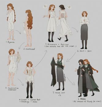 2girls black_hair black_robe black_shoes black_skirt black_thighhighs blue_eyes brown_corset collared_shirt corset dressing english_text garter_belt green_necktie green_vest grey_background gynger_edventray_(hiiragimare) highres hiiragimare hogwarts_legacy hogwarts_school_uniform hooded_robe image_in_speech_bubble long_hair long_skirt looking_at_another looking_at_object mary_janes multiple_girls multiple_views necktie nude original pajamas petticoat ponytail red_hair robe school_uniform shirt shoes short_hair simple_background skirt standing thighhighs underwear undressing vest violet_mcdowell walking white_pajamas white_shirt wizarding_world