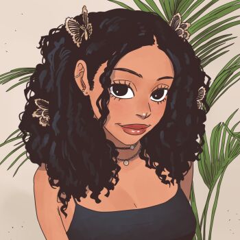 1girl black_hair black_tank_top butterfly_hair_ornament dark-skinned_female dark_skin hair_ornament highres indoors jesus_aponza jewelry looking_at_viewer messy_hair necklace original plant second-party_source solo tank_top upper_body