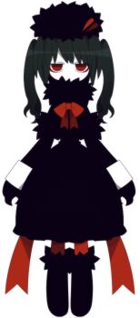 1girl black_boots black_dress black_hair black_hat boots bow corvus_(funamusea) dress expressionless eyeshadow full_body funamusea funamusea_(artist) fur_collar fur_hat hat long_hair makeup official_art red_bow red_eyes red_eyeshadow red_ribbon ribbon ringed_eyes short_twintails simple_background solo standing twintails white_background