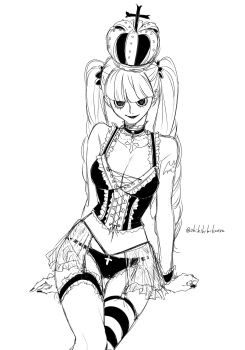 0hikihikikaeru bat_tattoo blunt_bangs breasts choker cleavage crown frilled_choker frilled_thigh_strap frilled_wrist_cuffs frills garter_straps greyscale highres lingerie lipstick looking_at_viewer makeup medium_breasts monochrome narrow_waist navel one_piece perona shoulder_tattoo single_thighhigh sitting sketch smile tattoo thigh_gap thigh_strap thighhighs twintails twitter_username underwear white_background wrist_cuffs