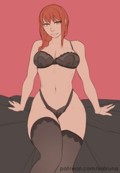 1girl black_bra black_panties black_thighhighs bra chainsaw_man kalruna makima_(chainsaw_man) panties red_hair thighhighs underwear yellow_eyes