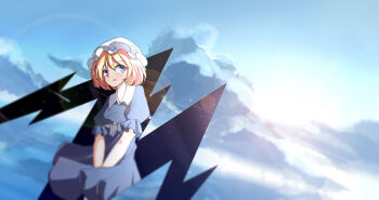 Rule 34 | 1girl, absurdres, blue dress, blue eyes, blurry, blush, bow, cloud, cloudy sky, collared dress, contrast collar, dress, hat, highres, lian mang, looking at viewer, maribel hearn, medium hair, mixed-language commentary, mob cap, multilingual commentary, open mouth, sash, short sleeves, sky, solo, star (sky), sunlight, touhou, white bow, white hat, white sash