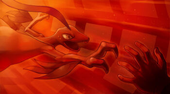 Rule 34 | 2others, arm out of frame, claws, colored sclera, commentary request, constricted pupils, facing another, falling, gen 3 pokemon, grovyle, high contrast, light particles, midair, multiple others, nintendo, offering hand, offering hand to another, open hand, open mouth, outstretched arm, outstretched arms, pokemon, pokemon (creature), pokemon mystery dungeon, pokemon mystery dungeon: explorers of time/darkness/sky, reaching, reaching towards another, red background, scared, sweatdrop, torio (mocd1985), wide-eyed, yellow sclera