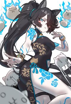 1girl alternate_costume animal_ear_fluff animal_ears black_dress black_hair blue_eyes blue_nails blush body_markings breasts cat_(nyanko_daisensou) cat_ears china_dress chinese_clothes cleavage_cutout closed_mouth clothing_cutout dark_kasli_(nyanko_daisensou) dress ebora fighting_stance hair_over_one_eye hair_tie highres kasli_(nyanko_daisensou) long_hair looking_at_viewer markings medium_breasts navel navel_cutout nyanko_daisensou pale_skin pelvic_curtain ponytail print_dress side_slit simple_background sleeveless sleeveless_dress solo tassel very_long_hair white_background