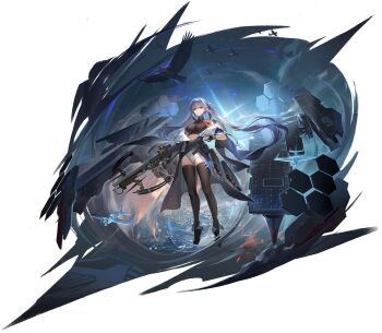 1girl absurdres aircraft airplane artist_request azur_lane bare_shoulders bird black_gloves black_shirt black_thighhighs blue_hair boots bow_(weapon) breasts crop_top crossbow eagle essex_(azur_lane) essex_(retrofit)_(azur_lane) flight_deck floating_hair framed_breasts full_body gloves hair_between_eyes highres holding holding_crossbow holding_weapon honeycomb_(pattern) jacket large_breasts lens_flare long_hair long_sleeves looking_at_viewer machinery multicolored_jacket night non-web_source off_shoulder official_art open_clothes open_jacket orange_eyes partially_fingerless_gloves rigging see-through_clothes shirt shoes sidelocks skindentation sleeveless sleeveless_shirt solo standing symbol-shaped_pupils taut_clothes taut_shirt thighhighs thighs transparent_background twintails two-sided_fabric two-sided_jacket very_long_hair weapon weapon_case wide_sleeves