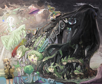 1girl biblically_accurate_angel black_shirt black_skirt blonde_hair blue_eyes body_horror chain chair cloud cloudy_sky collared_shirt commentary_request dark_cloud extra_eyes extra_legs extra_mouth fang feet_out_of_frame glowing green_hair hands_up highres index_fingers_raised jacket jacket_partially_removed kasukabe_tsumugi light_rays long_hair long_sleeves looking_at_viewer loose_necktie microa miniskirt monster monsterification necktie one_side_up open_mouth pea_pod pleated_skirt popped_collar puffy_long_sleeves puffy_sleeves rainbow shadow shirt skirt sky smile statue sunbeam sunlight surreal too_many tower_of_babel ufo voicevox what wide_shot wings yellow_eyes yellow_jacket yellow_necktie zunda_mochi zundamon