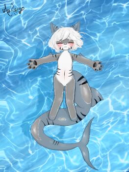 absurdres ambiguous_gender animal_hands blush changed colored_skin fins fish_tail floating grey_skin highres large_tail maxhappy pawpads shark shark_tail short_hair tail tiger_shark tiger_shark_(changed) tiger_stripes water