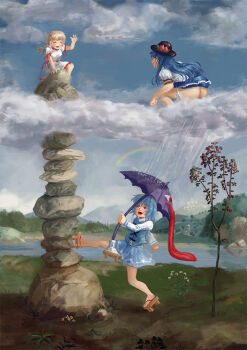 3girls amibazh ass blonde_hair blue_hair blue_sky cloud cloudy_sky ebisu_eika geta hinanawi_tenshi karakasa_obake multiple_girls open_mouth outdoors rain rainbow short_hair sky tatara_kogasa touhou umbrella water