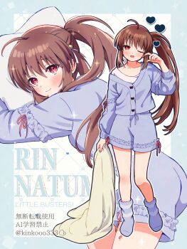 Rule 34 | 1girl, ahoge, alternate costume, arm at side, bell, blue border, blue cardigan, blue pajamas, blue shorts, blue socks, blush, border, brown hair, cardigan, character name, closed mouth, commentary request, copyright name, eyelashes, frilled shorts, frills, full body, furrowed brow, hair bell, hair ornament, hair ribbon, hand up, heart, highres, hugging object, jingle bell, little busters!, long hair, looking at viewer, lying, multiple views, natsume rin, on stomach, outline, outside border, pajamas, pillow, pillow hug, piyo (kinkooo333), ponytail, red eyes, ribbon, rubbing eyes, shirt, shorts, sidelocks, simple background, smile, socks, sparkle, standing, very long hair, white background, white outline, white ribbon, white shirt