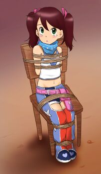 1girl alternate_costume arms_behind_back blush boots breasts brown_hair camisole chair green_eyes hair_ribbon highres legs looking_at_viewer medium_hair midriff navel pants parted_lips ribbon saru_getchu sayaka_(saru_getchu) small_breasts solo sony tears thighs tied_up_(nonsexual) tongue twintails