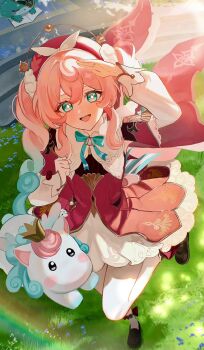 1girl :d black_shoes bow bright_pupils crown dress gradient_hair grass green_eyes green_hair hair_between_eyes hat highres honkai:_star_rail honkai_(series) hyacine_(honkai:_star_rail) little_ica_(honkai:_star_rail) long_hair long_sleeves looking_at_viewer multicolored_hair open_mouth outdoors pantyhose pink_hair red_dress red_hat shoes short_twintails smile solo standing standing_on_one_leg teeth tubakkkki65 twintails unicorn upper_teeth_only white_pantyhose