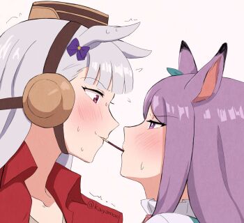 2girls animal_ears blush bow brown_hair commentary ear_bow english_commentary eye_contact face-to-face food food_in_mouth gold_ship_(casual)_(umamusume) gold_ship_(umamusume) green_bow grey_hair highres horse_ears horse_girl jacket kaiyamon long_hair looking_at_another mejiro_mcqueen_(casual)_(umamusume) mejiro_mcqueen_(umamusume) multiple_girls pillbox_hat pocky pocky_day pocky_in_mouth pocky_kiss portrait purple_bow purple_eyes purple_hair red_jacket shared_food simple_background trembling umamusume white_background yuri
