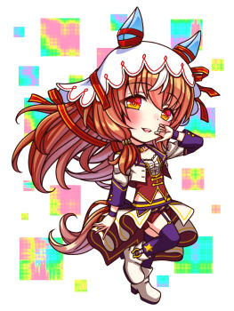 1girl animal_ears blush bodice boots bow breasts brown_hair chibi chibi_only choker collarbone commentary_request corset cropped_jacket ear_covers ear_ribbon full_body garter_straps hair_between_eyes hair_ornament highres horse_ears horse_girl horse_tail jacket long_hair long_sleeves looking_at_viewer midriff_peek navel overskirt parted_lips pendant_choker purple_choker purple_garter_straps purple_thighhighs red_corset red_eyes red_ribbon red_shorts ribbon shirt shorts small_breasts smile solo star_(symbol) starting_future_(umamusume) still_in_love_(umamusume) sugimotty_nova tail teeth thighhighs umamusume umapyoi_densetsu upper_teeth_only veil white_boots white_jacket white_shirt white_streaks white_veil wristband