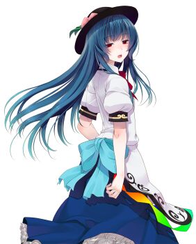 Rule 34 | 1girl, back bow, black hat, blue bow, blue hair, blue skirt, bow, bowtie, collared shirt, commentary request, cowboy shot, crote, frilled skirt, frills, from side, half-closed eyes, hat, highres, hinanawi tenshi, large variant set, long hair, looking at viewer, looking back, open mouth, peach hat ornament, petticoat, puffy short sleeves, puffy sleeves, red bow, red bowtie, red eyes, shirt, short sleeves, skirt, solo, standing, tachi-e, teeth, touhou, transparent background, turning head, upper teeth only, variant set