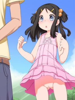 1boy 1girl :o black_hair blue_eyes bottomless cleft_of_venus clothes_lift cloud day dress dress_lift hair_bobbles hair_ornament hairclip highres loli no_panties open_mouth original pussy shouji_ayumu sky surprised uncensored wind wind_lift