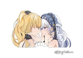 Rule 34 | 2girls, absurdres, blonde hair, closed eyes, commentary request, earrings, face-to-face, frills, gothic lolita, hair over one eye, hairband, highres, jewelry, lolita fashion, lolita hairband, long hair, mahou shoujo no majo saiban, multiple girls, natsume an-an, open mouth, purple eyes, saeki miria, souya (phi6os), white hair, yuri