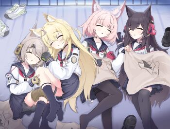 4girls absurdres animal_ear_fluff animal_ears bike_shorts black_hair black_pantyhose black_socks black_thighhighs blonde_hair blue_archive blue_skirt commentary_request fox_ears fox_girl fox_platoon_(blue_archive) grey_hair highres implied_extra_ears knee_pads kurumi_(blue_archive) long_braid long_hair long_sleeves lying miniskirt multiple_girls neckerchief niko_(blue_archive) on_back on_side otogi_(blue_archive) pantyhose pink_hair pleated_skirt red_neckerchief school_uniform skirt sleeping socks tactical_school_uniform thighhighs throat_microphone user_prdj5754 very_long_hair yukino_(blue_archive)